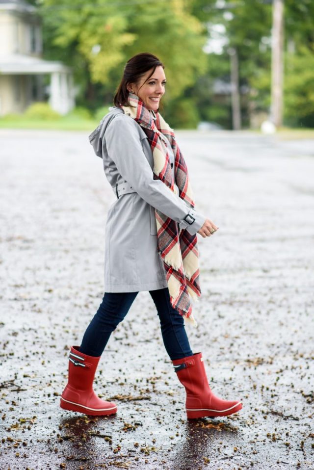 red rain boots with gray coat