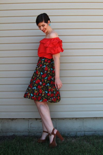 red ruffles from the shoulder blouse, high waisted, floral flared midi skirt