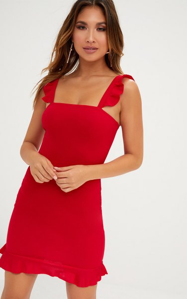 Mini dress with red ruffle straps and square neckline