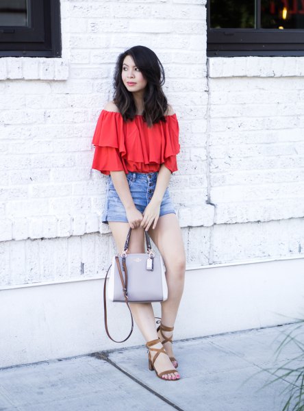 red denim shorts with ruffle top
