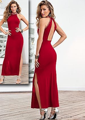 Backless maxi dress made of red satin, silver strappy sandals