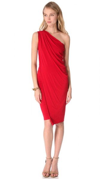 red leather a strapless knee length dress