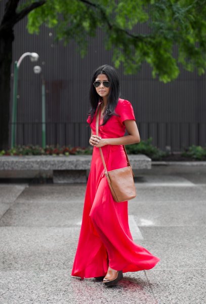 red, floor-length, flowing short-sleeved dress