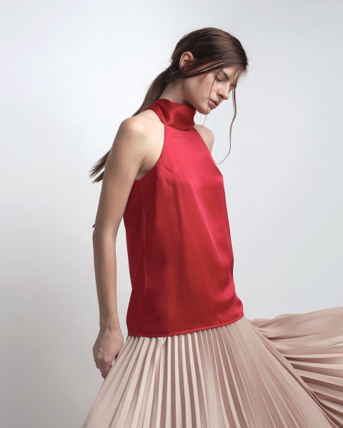 red silk top light pink pleated dress