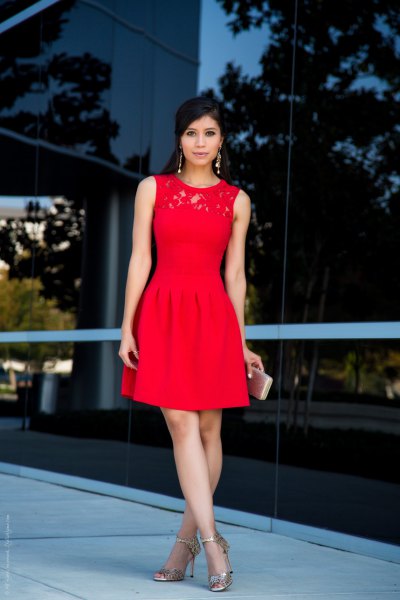 red skater cocktail dress lace collar