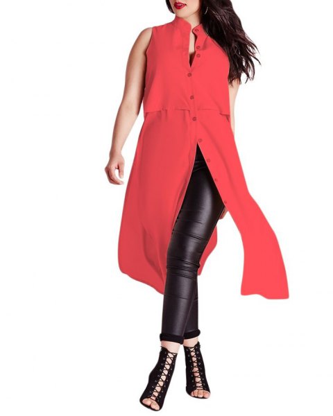 red sleeveless, extra long tunic top with black leather gaiters
