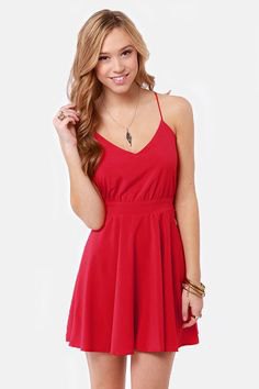 red spaghetti strap V-neck mini skater summer dress
