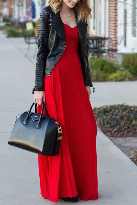 red strapless leather jacket