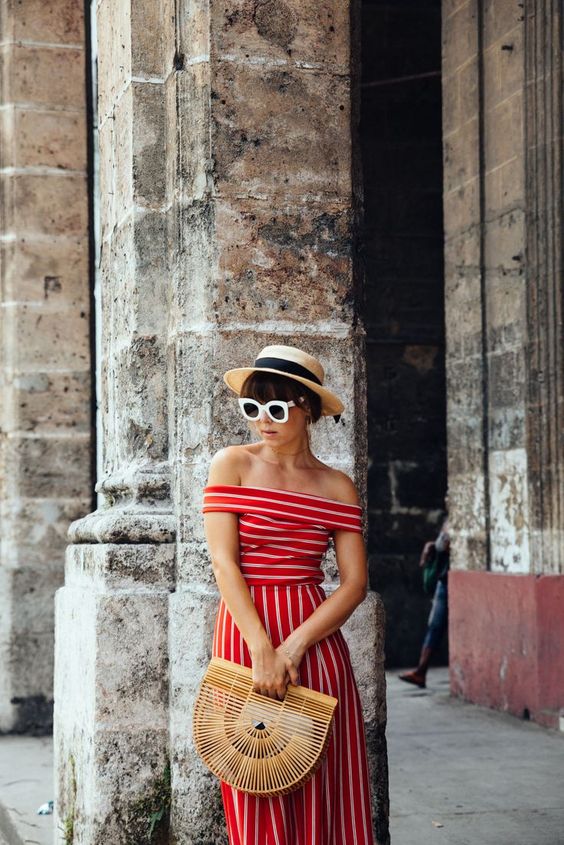 red striped from the shoulder dress