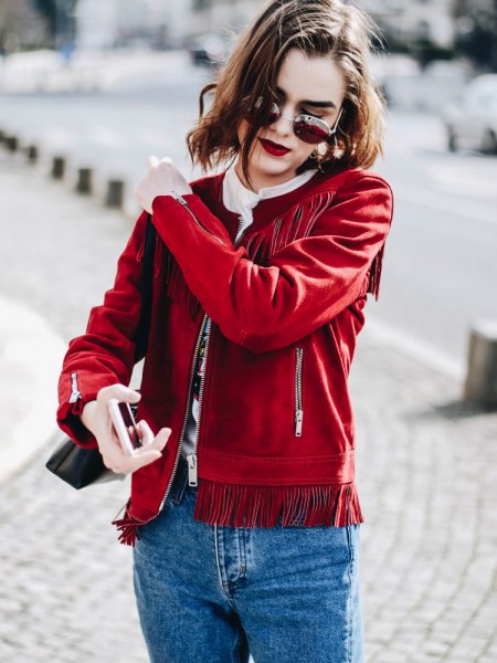 red suede fringed jacket mother jeans