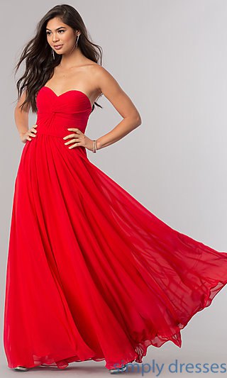 red sweetheart neckline flared evening dress