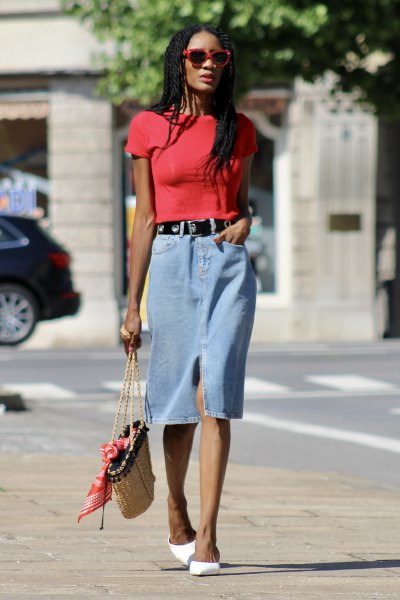 red t-shirt with light blue midi skirt