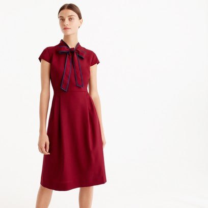 red wool dress with necktie and cap sleeves