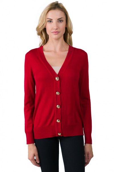 red cardigan with V-neck and dark blue skinny jeans