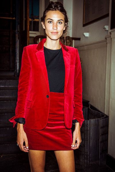 red velvet suit jacket with matching high-waisted mini skirt