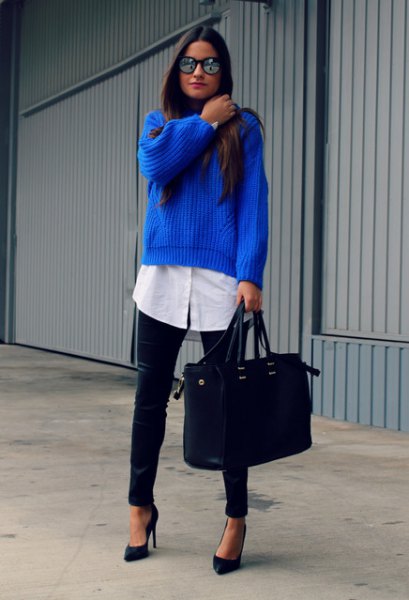 ribbed blue sweater over white shirt with long buttons