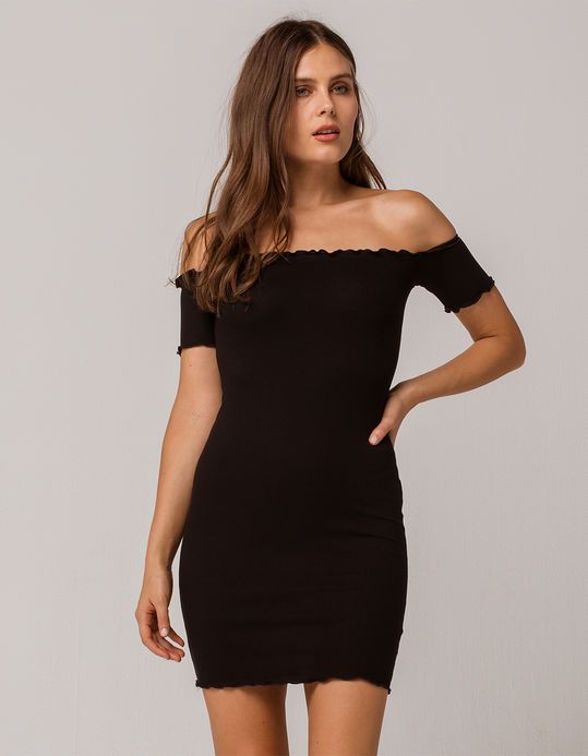 HEART & HIPS Ribbed Off The Shoulder Bodycon Dress - BLACK .