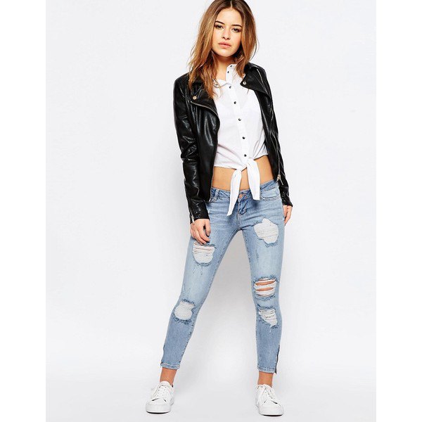 ripped jeans with ankle zip, black leather jacket