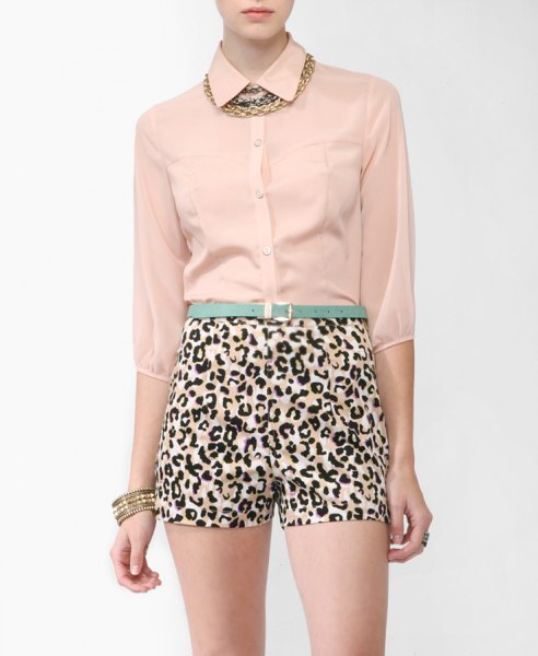 Rose gold chiffon blouse with high-waisted mini shorts with leopard print
