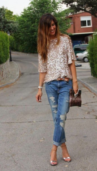 rose gold sequin shirt with half sleeves and ripped jeans with cuffs