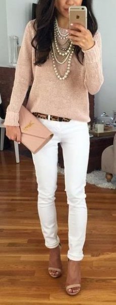 Rose gold long-sleeved top with skinny jeans