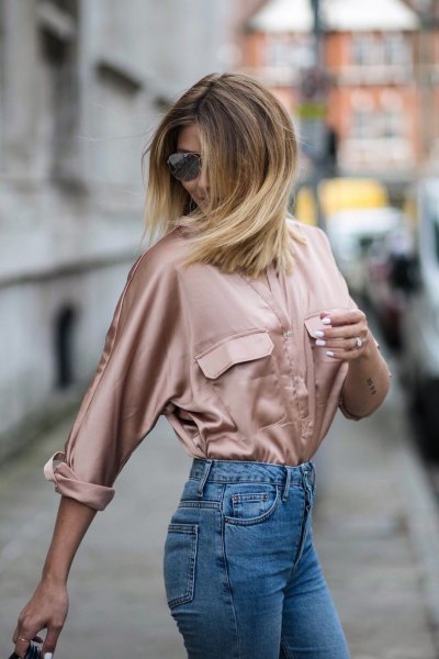 Rose gold satin long sleeve shirt with mom jeans