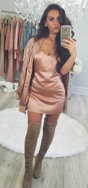 rose gold silk skirt with deep V-neckline and matching jacket