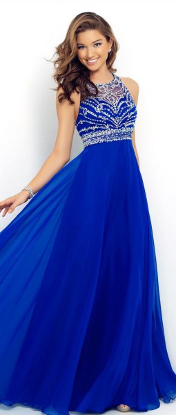Royal blue and silver sequin fit and flare halter neck dress