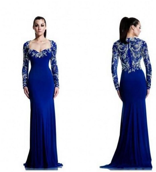 Royal blue and silver floor-length flowing chiffon dress with a V-neck