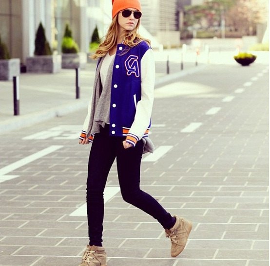 royal blue and white college jacket with chiffon V-neck