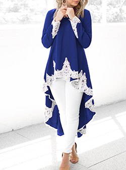 High blue tunic dress made of royal blue and white lace with skinny jeans