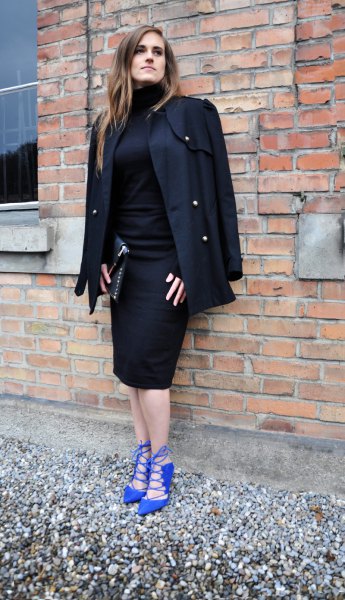 Royal blue heel black coat over the shoulders