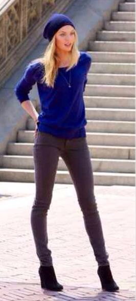 Royal blue knitted hat with matching fitted sweater and gray skinny jeans