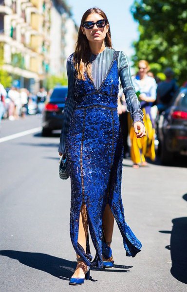 royal blue sequin maxi cocktail dress with matching slippers