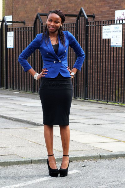 Royal blue slim fit blazer with black midi bodycon skirt