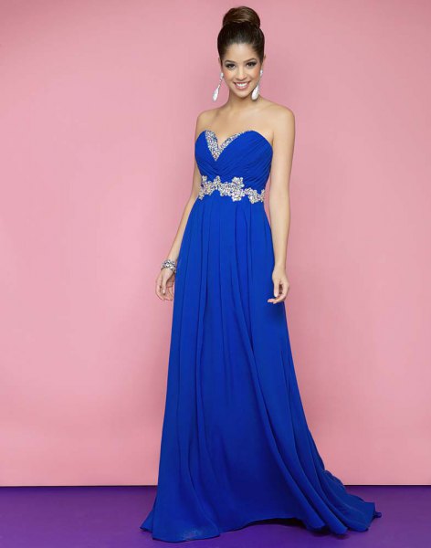royal blue heart-shaped neckline with belt and long flare
