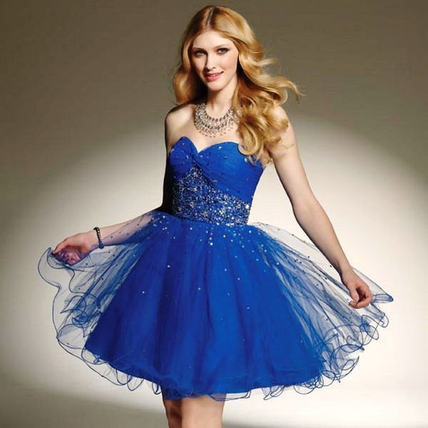Royal blue mini tulle dress with sweetheart neckline and silver sequin details