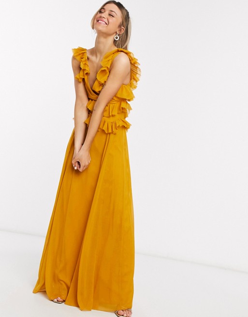 ASOS DESIGN tiered ruffle maxi dress with tie back | AS