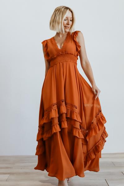 Jasmine Rust Ruffle Maxi Dress | Baltic Bo