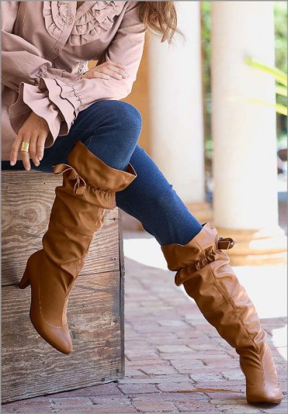 Ruffled wide calf boots with bell sleeves on top