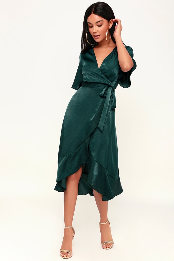 Wrapped Up In Love Dark Green Satin Faux-Wrap Midi Dress in 2020 .