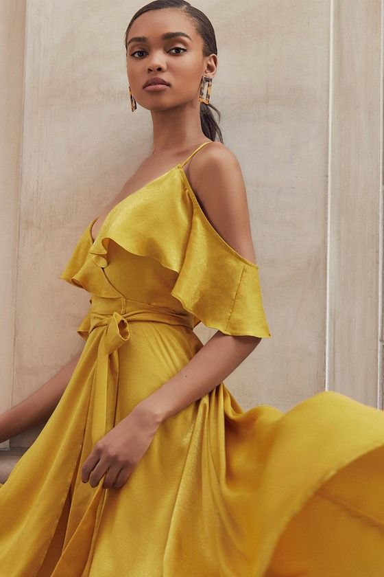 Layla Mustard Yellow Satin Off-the-Shoulder Wrap Dress in 2020 .