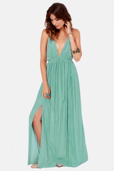 Seafoam Green Deep V-Neck Pleated Maxi Side Slit Dress