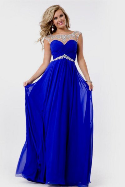 semi-transparent long blue chiffon dress with belt