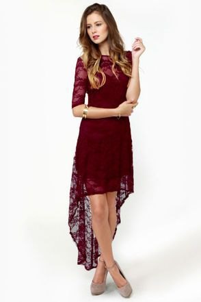 semi-transparent burgundy red dress with high, low lace