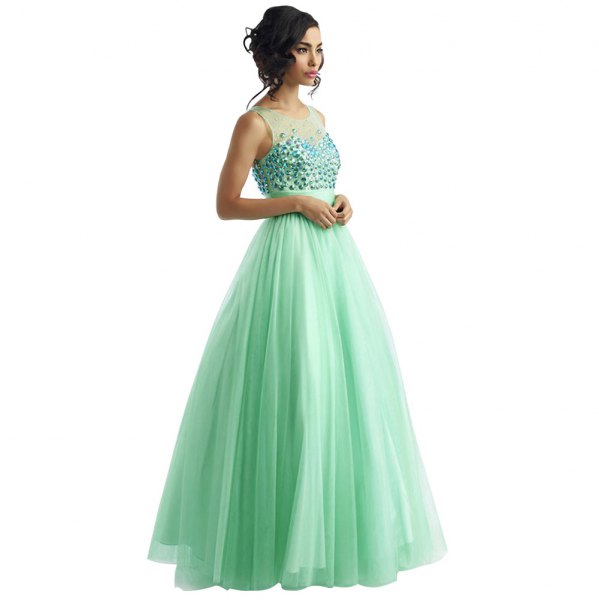 Semi sheer fit and flare mint green floor length evening dress