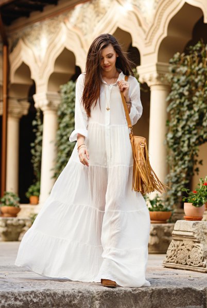 semi-transparent white maxi dress with buttons