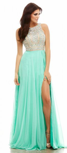 Sequin and Chiffon Two Tone High Split Ball Gown