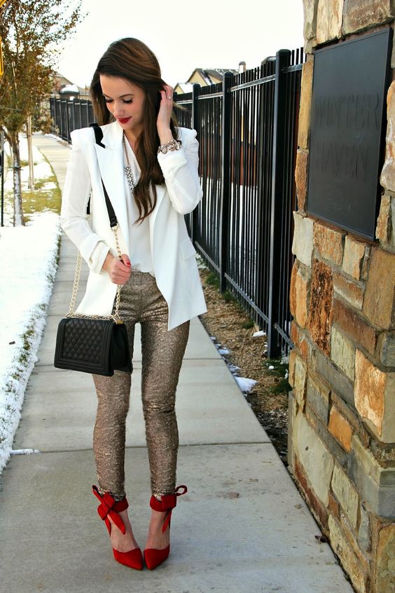 Sequin leggings red shoes