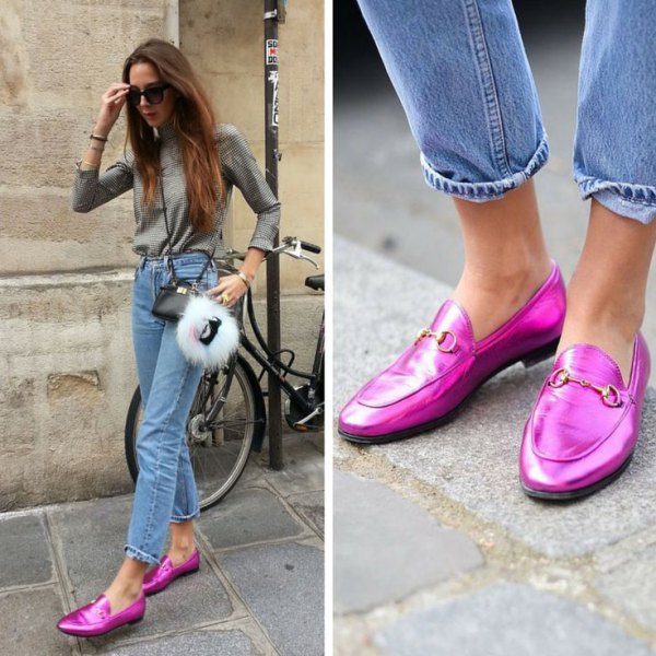 shiny shocking pink slipper mom jeans